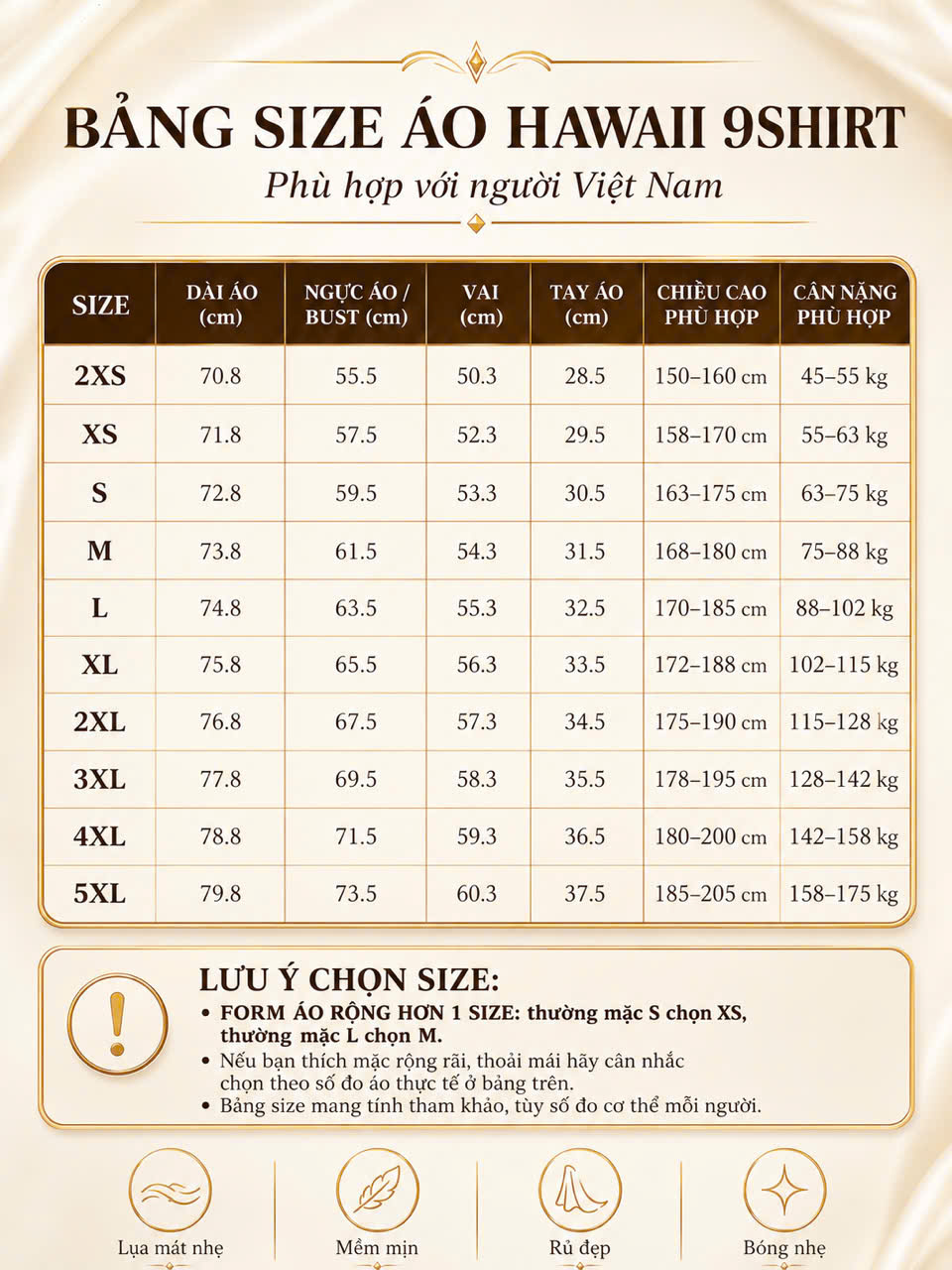 Bảng size áo Hawaii 9shirt phù hợp với người Việt Nam